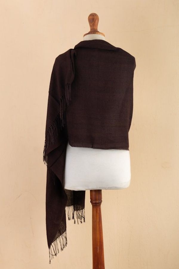 Alternate image for Burgundy Baby Alpaca Blend Fringed Shawl Hand-Woven in Peru Cozy Flair