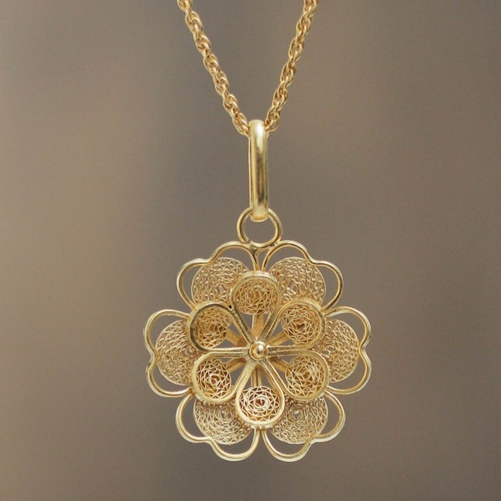 Gold Plated Silver Peruvian Filigree Flower Necklace 'Yellow Rose'