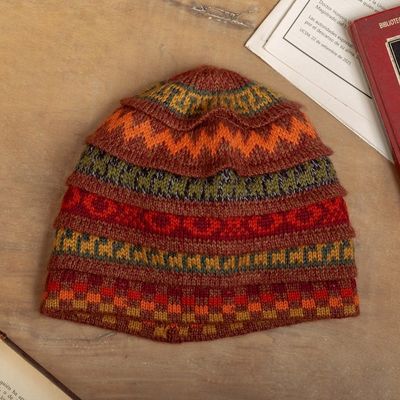 Alternate image for Warm-Toned Reversible Alpaca Blend Hat Handwoven in Peru Spontaneous Orange