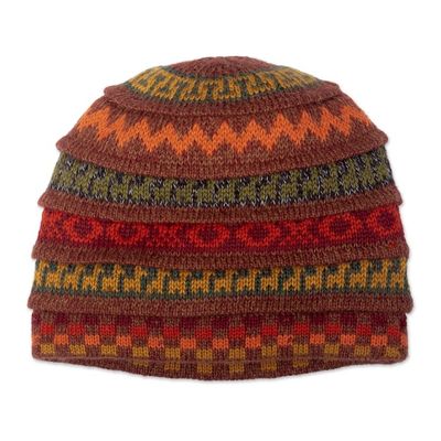 Alternate image for Warm-Toned Reversible Alpaca Blend Hat Handwoven in Peru Spontaneous Orange