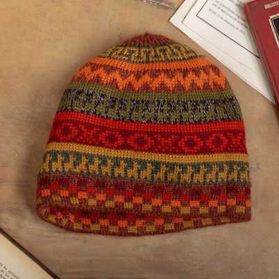 Alternate image for Warm-Toned Reversible Alpaca Blend Hat Handwoven in Peru Spontaneous Orange