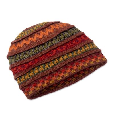 Alternate image for Warm-Toned Reversible Alpaca Blend Hat Handwoven in Peru Spontaneous Orange