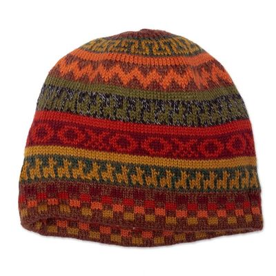 Alternate image for Warm-Toned Reversible Alpaca Blend Hat Handwoven in Peru Spontaneous Orange