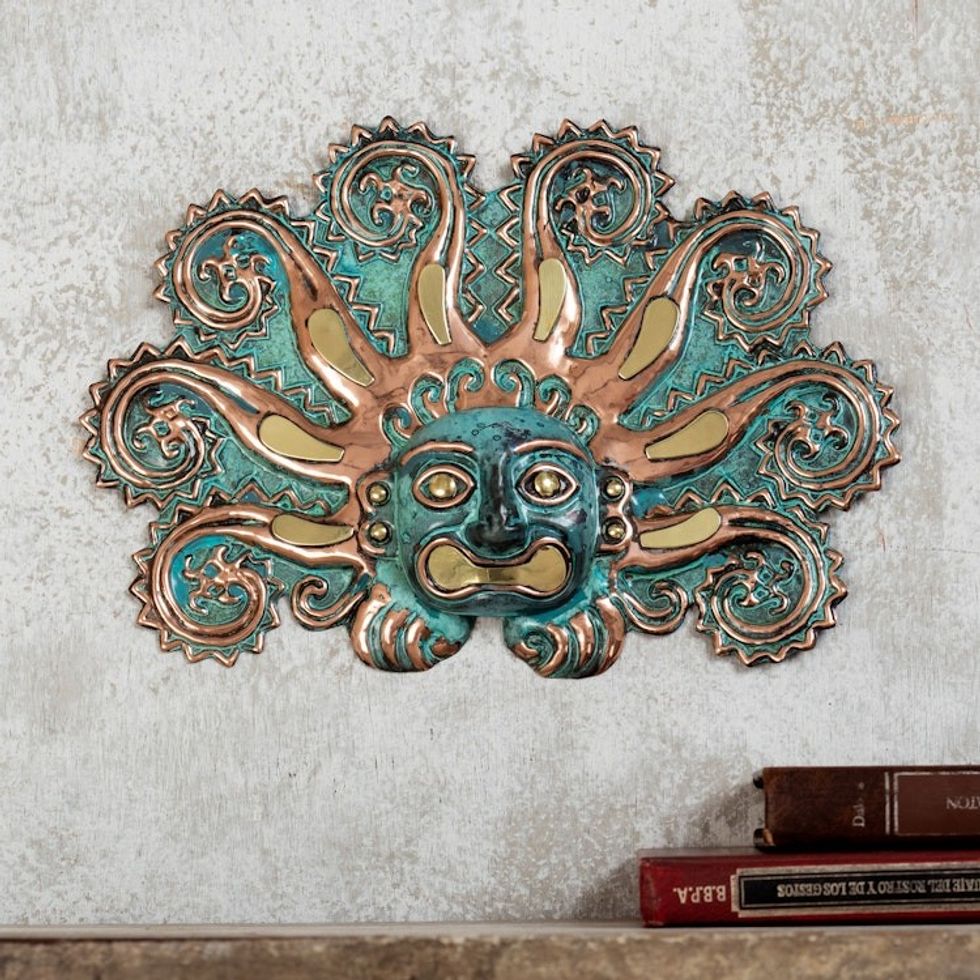 Handmade Peruvian Copper and Bronze Decorative Wall Mask 'Solar Octopus'