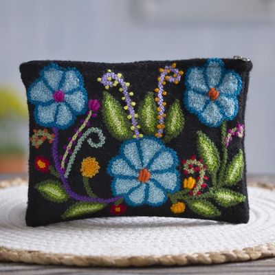 Alternate image for Blue Floral Embroidered Wool Clutch from Peru Floral Nature