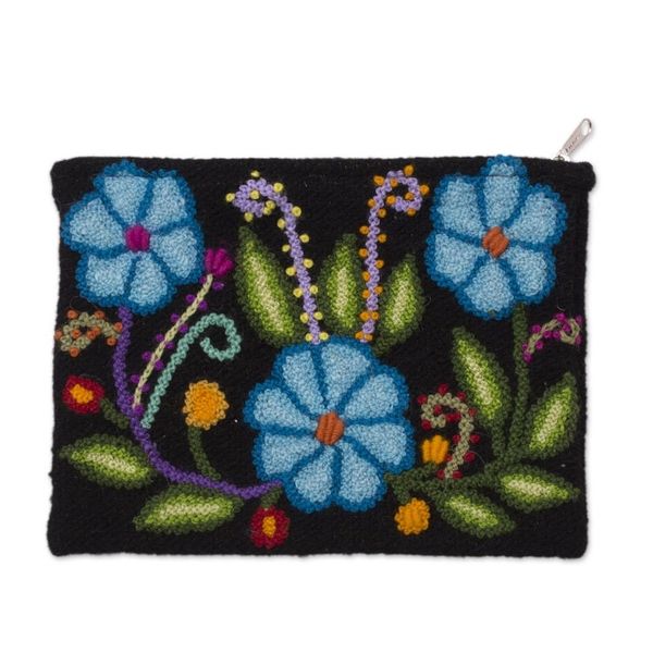 Alternate image for Blue Floral Embroidered Wool Clutch from Peru Floral Nature