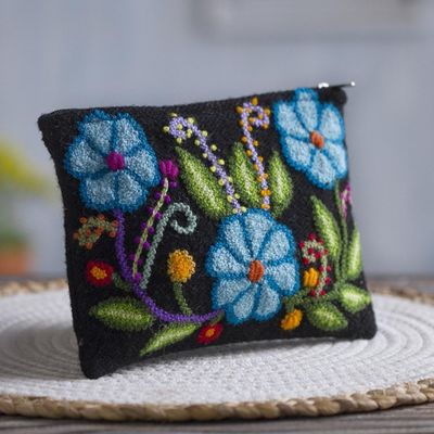 Alternate image for Blue Floral Embroidered Wool Clutch from Peru Floral Nature
