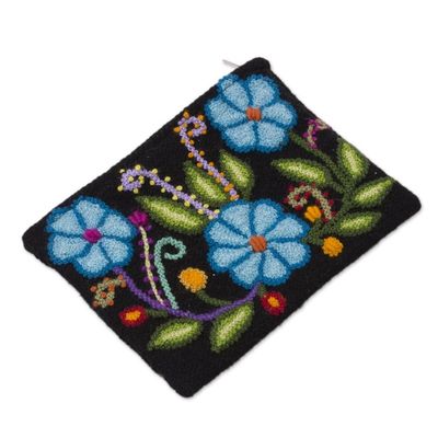 Alternate image for Blue Floral Embroidered Wool Clutch from Peru Floral Nature