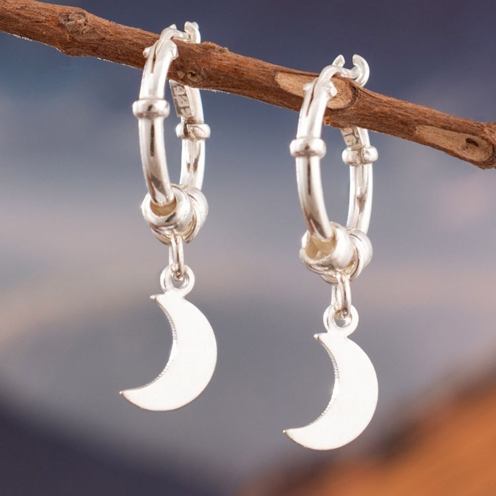 Sterling Silver Hoop Earrings with Dangle Moon Pendants 'Moon Center'