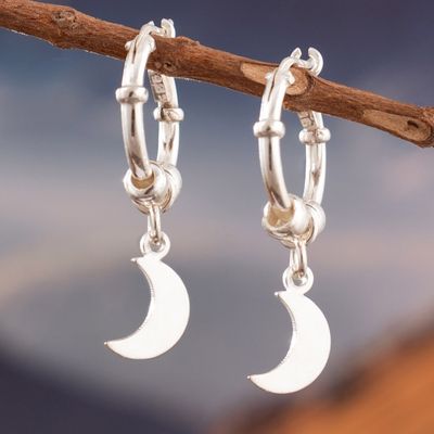 Alternate image for Sterling Silver Hoop Earrings with Dangle Moon Pendants Moon Center