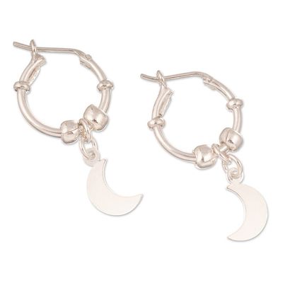 Alternate image for Sterling Silver Hoop Earrings with Dangle Moon Pendants Moon Center