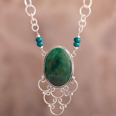 Alternate image for Handcrafted Chrysocolla and Sterling Silver Necklace Andes Baroque