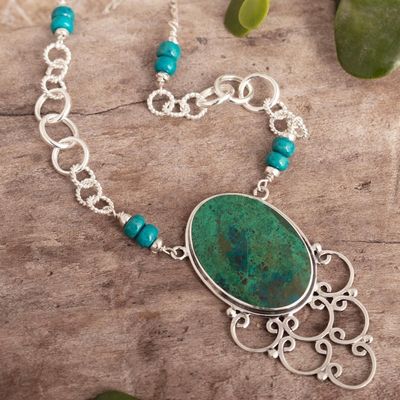 Alternate image for Handcrafted Chrysocolla and Sterling Silver Necklace Andes Baroque