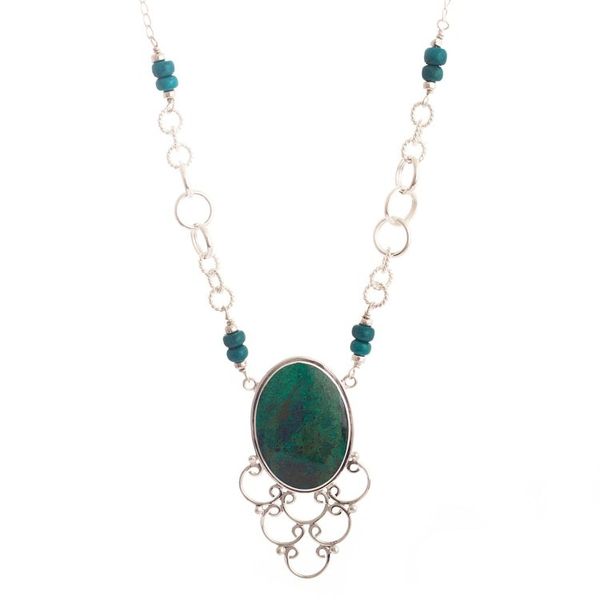Alternate image for Handcrafted Chrysocolla and Sterling Silver Necklace Andes Baroque
