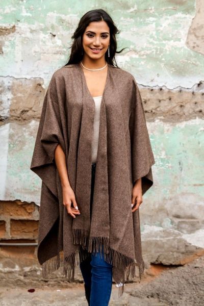 Alternate image for Alpaca Wool Solid Wrap Ruana from Peru Lush Dark Brown