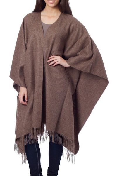 Alternate image for Alpaca Wool Solid Wrap Ruana from Peru Lush Dark Brown