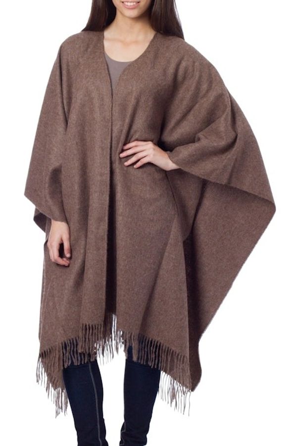 Alternate image for Alpaca Wool Solid Wrap Ruana from Peru Lush Dark Brown