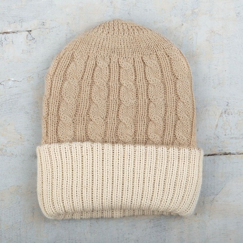 Reversible 100 Alpaca Cable Knit Hat in Ivory and Beige 'Warm and Snuggly'
