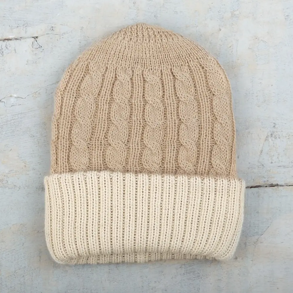 Reversible 100 Alpaca Cable Knit Hat in Ivory and Beige 'Warm and Snuggly'