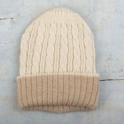 Alternate image for Reversible 100 Alpaca Cable Knit Hat in Ivory and Beige Warm and Snuggly