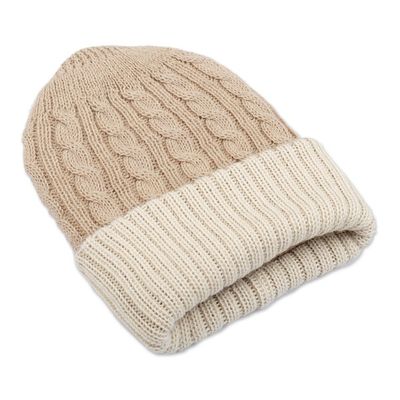 Alternate image for Reversible 100 Alpaca Cable Knit Hat in Ivory and Beige Warm and Snuggly