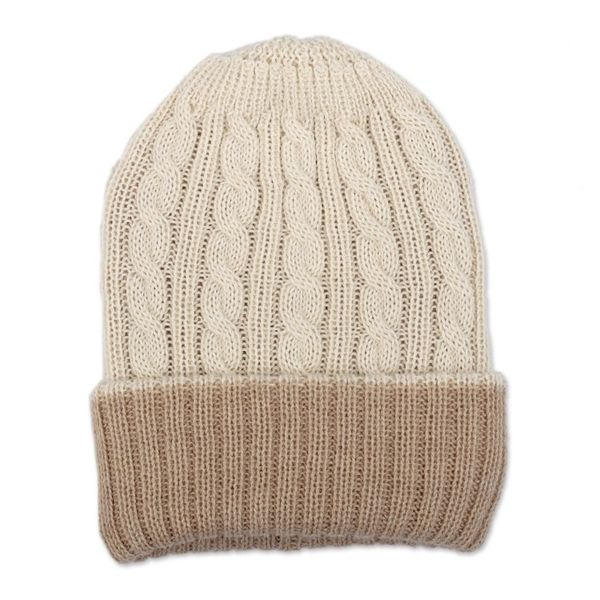 Alternate image for Reversible 100 Alpaca Cable Knit Hat in Ivory and Beige Warm and Snuggly