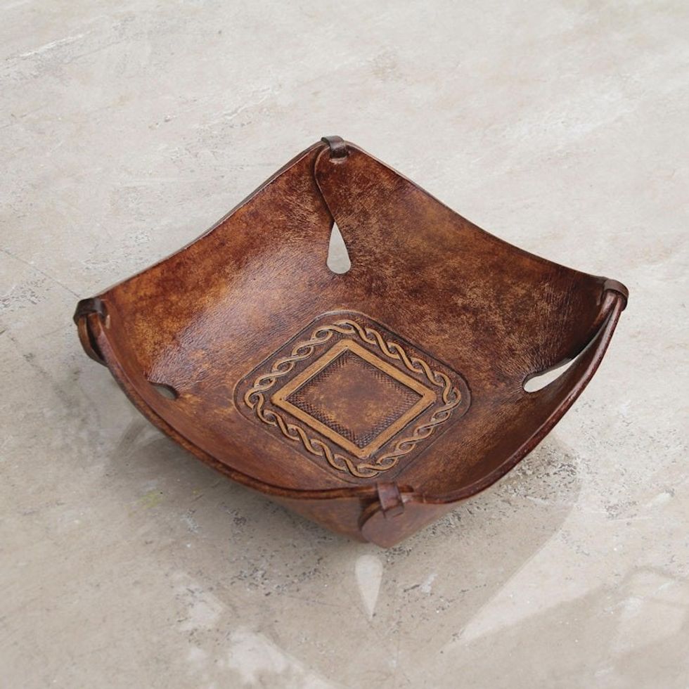Artisan Crafted Leather Square Catchall from the Andes 'Brown Lasso'