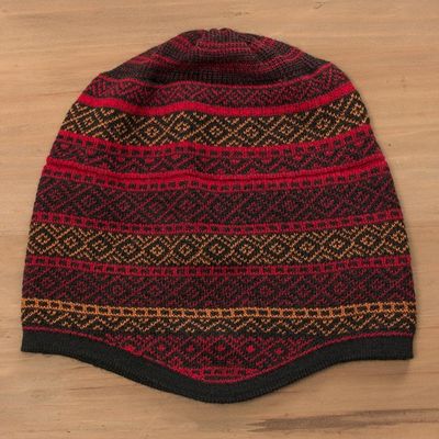 Alternate image for Red and Multicolored Alpaca Blend Knit Hat from Peru Diamond Warmth