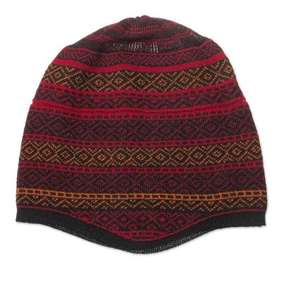 Alternate image for Red and Multicolored Alpaca Blend Knit Hat from Peru Diamond Warmth