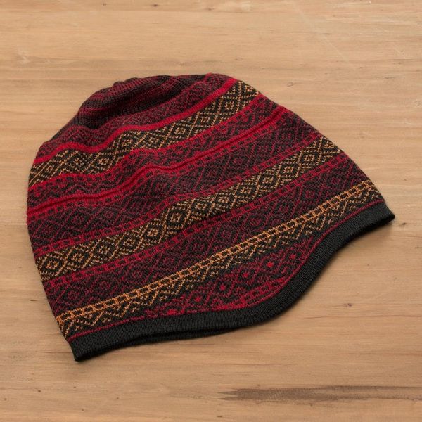 Alternate image for Red and Multicolored Alpaca Blend Knit Hat from Peru Diamond Warmth