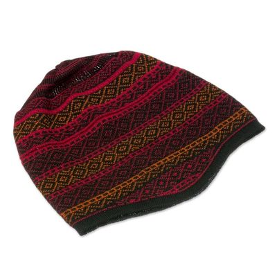 Alternate image for Red and Multicolored Alpaca Blend Knit Hat from Peru Diamond Warmth