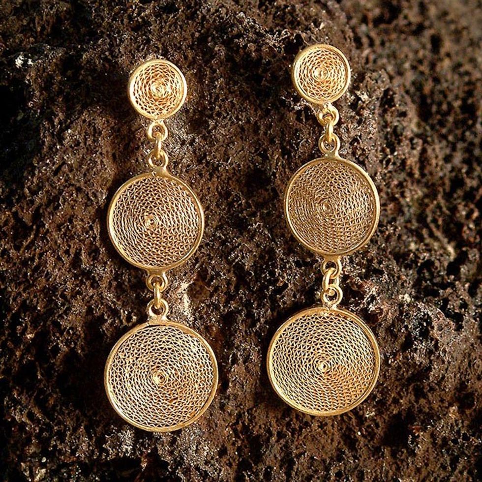 Gold Plated Earrings 21k on 925 Silver Filigree 'Starlit Suns'