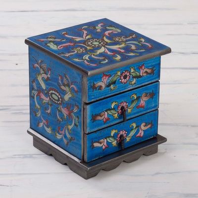 Alternate image for Reverse Painted Glass Jewelry Box Chest with Mirror Celestial Blue