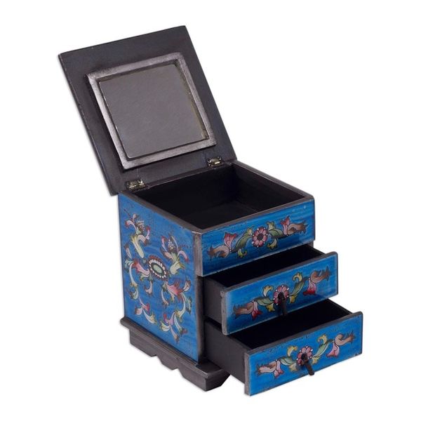 Alternate image for Reverse Painted Glass Jewelry Box Chest with Mirror Celestial Blue