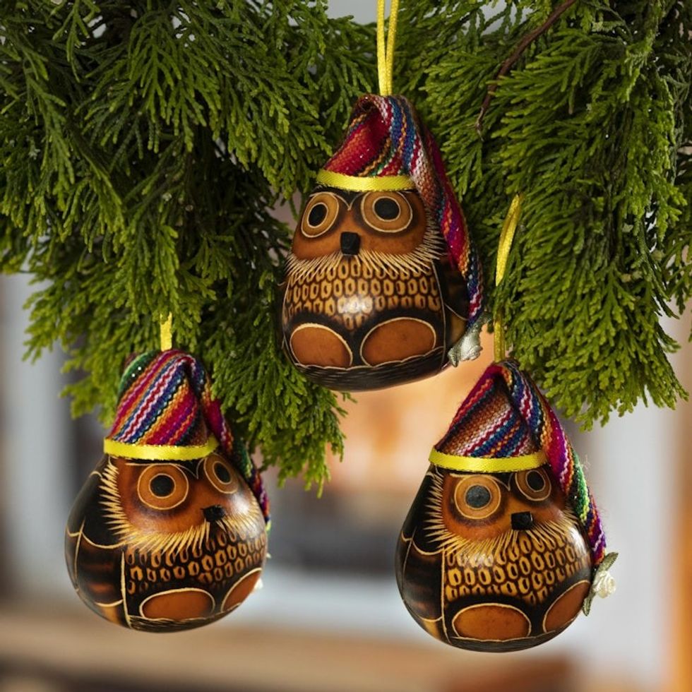 Dried Mate Gourd Owls Ornaments Wearing Hats Set of 3 'Holiday Owls'