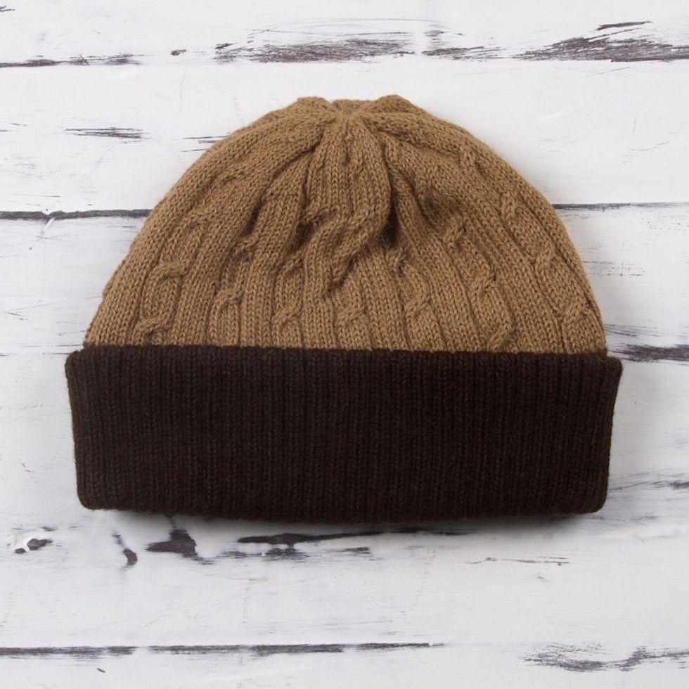 Knit 100 Alpaca Hat in Tan and Mahogany from Peru 'Warm Braids in Tan'
