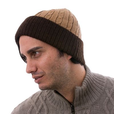 Alternate image for Knit 100 Alpaca Hat in Tan and Mahogany from Peru Warm Braids in Tan