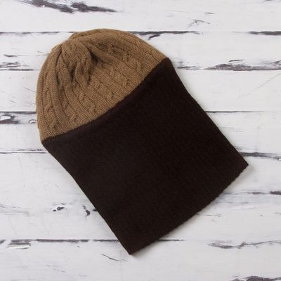 Alternate image for Knit 100 Alpaca Hat in Tan and Mahogany from Peru Warm Braids in Tan