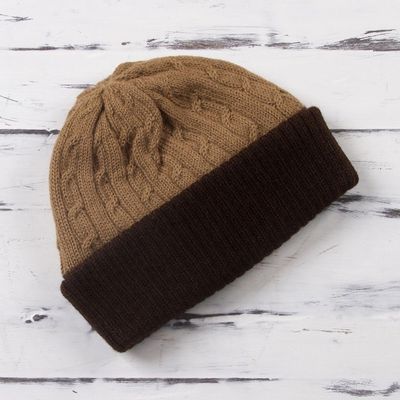 Alternate image for Knit 100 Alpaca Hat in Tan and Mahogany from Peru Warm Braids in Tan
