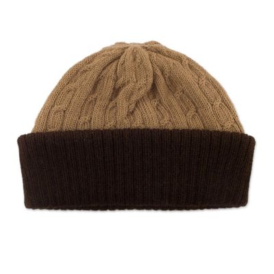 Alternate image for Knit 100 Alpaca Hat in Tan and Mahogany from Peru Warm Braids in Tan