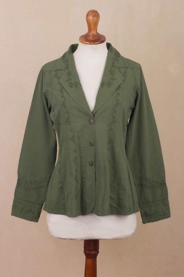 Alternate image for Embroidered Laurel Green Cotton Blazer Jacket from Peru Andean Fields