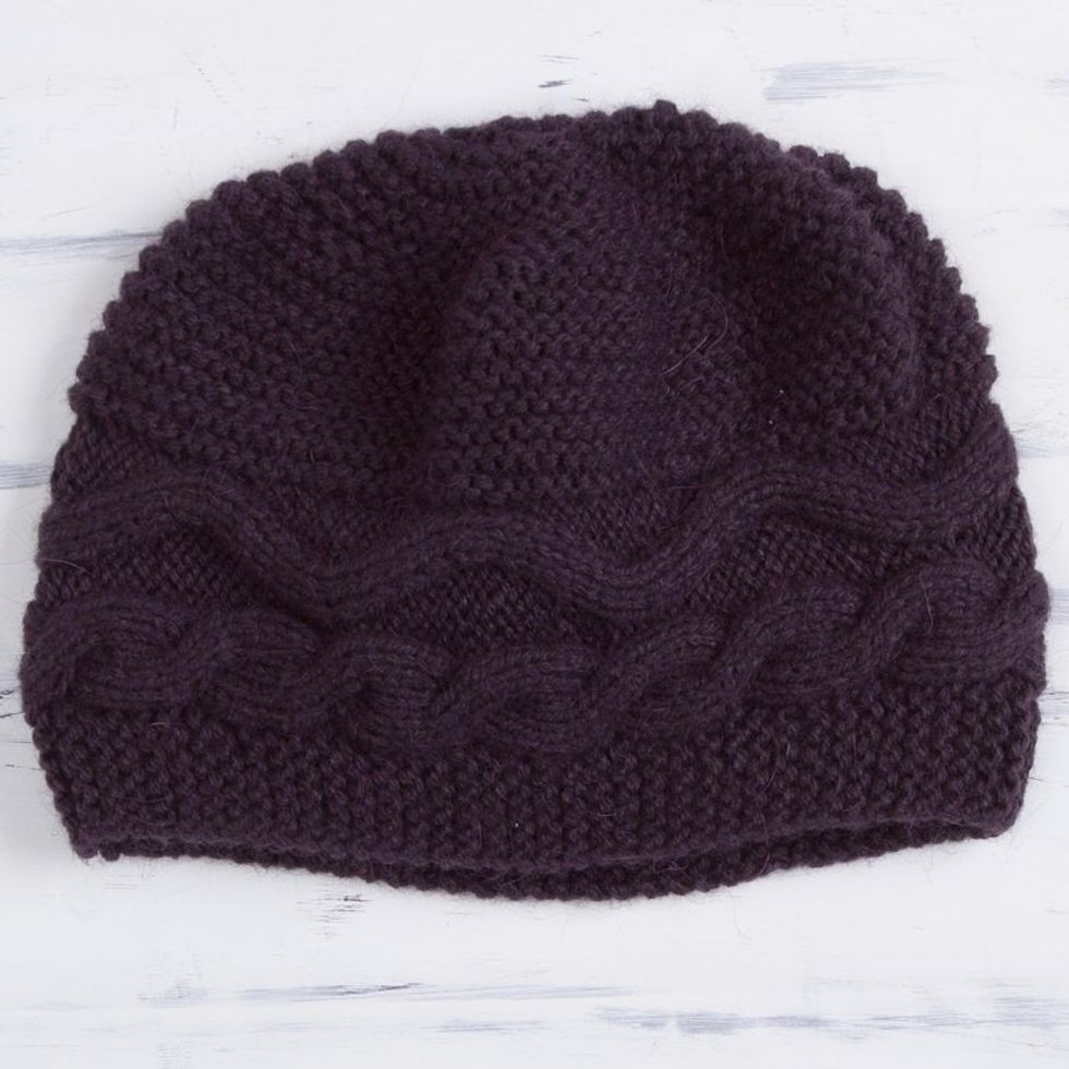 Hand-Knit Alpaca Blend Hat in Aubergine from Peru 'Aubergine Waves'