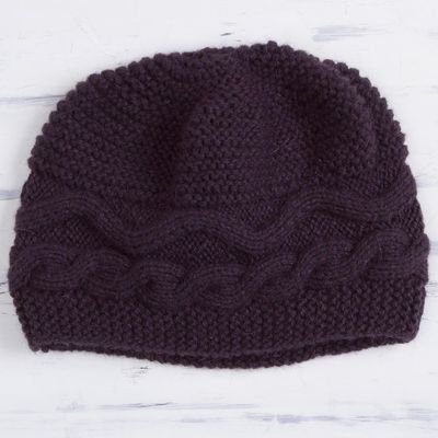 Alternate image for Hand-Knit Alpaca Blend Hat in Aubergine from Peru Aubergine Waves