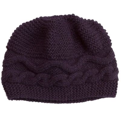Alternate image for Hand-Knit Alpaca Blend Hat in Aubergine from Peru Aubergine Waves