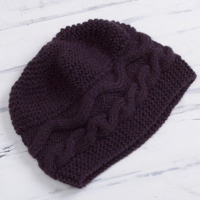Alternate image for Hand-Knit Alpaca Blend Hat in Aubergine from Peru Aubergine Waves