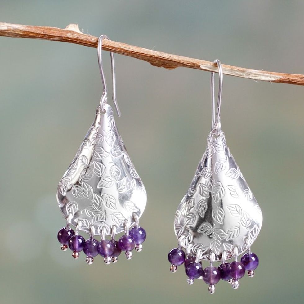Amethyst and Embossed Leaves on Sterling Silver Earrings 'Purple Autumn'