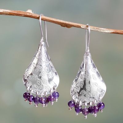 Alternate image for Amethyst and Embossed Leaves on Sterling Silver Earrings Purple Autumn