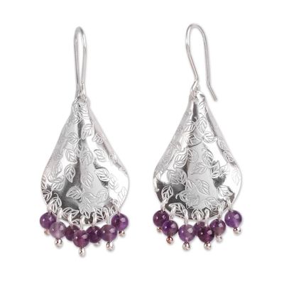 Alternate image for Amethyst and Embossed Leaves on Sterling Silver Earrings Purple Autumn