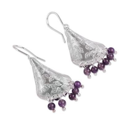 Alternate image for Amethyst and Embossed Leaves on Sterling Silver Earrings Purple Autumn