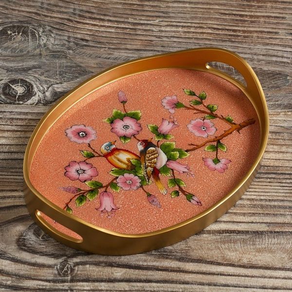 Alternate image for Reverse Painted Glass and Wood Tray from Peru Birds of a Feather in Rose